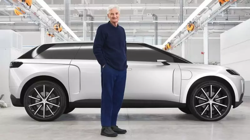 Sir James Dyson standing in front of his car.